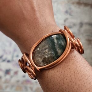 Handcrafted Copper Cuff Bracelet Green Jasper Stone Statement